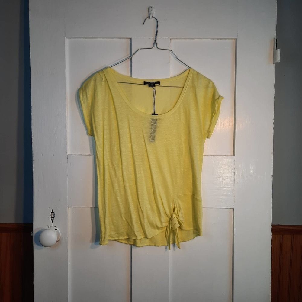 ACROBAT NWT Yellow/Lemon Cap Sleeve Heathered Linen Tie Front T-Shirt XS